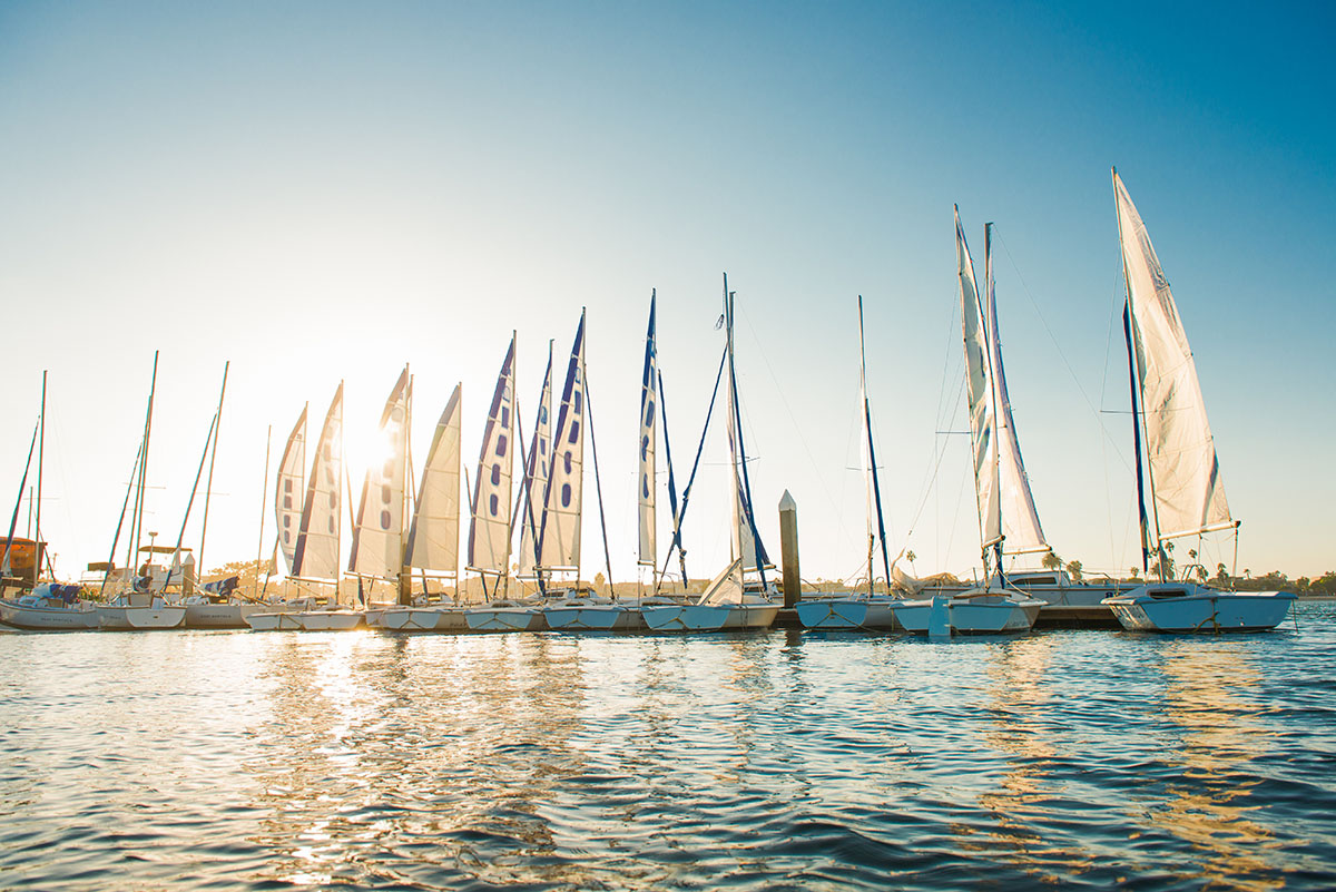 Yachts in Mission Bay marina, San Diego, California, USA